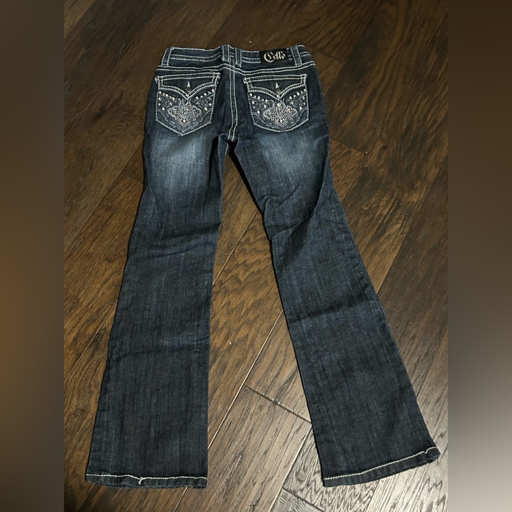 Cello Rhinestone Embellished Distressed Bootcut Flap Pocket Jeans 6